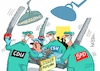 Cartoon: Steuerreform (small) by RABE tagged merz,kanzler,koalition,union,spd,klingbeil,cartoon,karikatur,pressezeichnung,farbcartoon,tagescartoon,bürokratie,verwaltung,beamte,modernisierung,monster,drachen,schwert,holzschwert,nägel,säge,steuer,steuerreform,bas,cdu,csu,op,operation,operationssaal