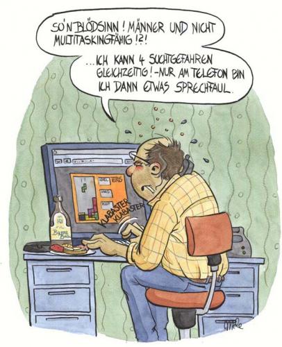 Cartoon: Multitasking (medium) by mele tagged spiele,süchte,männer,computerspiel,spiel,sucht,männer,mann,multitasking,fähigkeit,sprechen,faul,computer,rechner,internet,abhängig