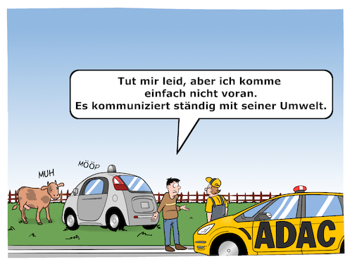 Cartoon: Autonomes Auto Kommunikation (medium) by Cloud Science tagged autonomes,fahren,auto,fahrzeug,digitalisierung,mobilitaet,verkehr,digital,technik,technologie,selbstfahrend,automatisch,strassenverkehr,adac,abschleppen,umwelt,kommunikation,algorithmen,iot,internet,of,things,kuh,weide,landstrasse,panne,liegengeblieben,automatisiertes,selfdriving,car,autonom,roboter,fahrerlos,automobil,vollautomatisch,zukunft,disruption,computer,it,maschine,entwicklung,mobil,cartoon,smart,intelligent,intelligenz,ki,ai,kuenstliche,kuenstlich,vernetzt,vernetzung,sensoren,logistik,autonomes,fahren,auto,fahrzeug,digitalisierung,mobilitaet,verkehr,digital,technik,technologie,selbstfahrend,automatisch,strassenverkehr,adac,abschleppen,umwelt,kommunikation,algorithmen,iot,internet,of,things,kuh,weide,landstrasse,panne,liegengeblieben,automatisiertes,selfdriving,car,autonom,roboter,fahrerlos,automobil,vollautomatisch,zukunft,disruption,computer,it,maschine,entwicklung,mobil,cartoon,smart,intelligent,intelligenz,ki,ai,kuenstliche,kuenstlich,vernetzt,vernetzung,sensoren,logistik