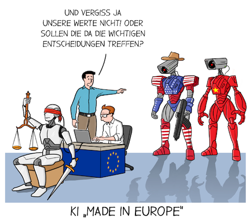 Cartoon: KI - Made in Europe (medium) by Cloud Science tagged ki,künstliche,intelligenz,maschinelles,lernen,china,usa,europa,ethik,technologie,werte,ki,künstliche,intelligenz,maschinelles,lernen,china,usa,europa,ethik,technologie,werte