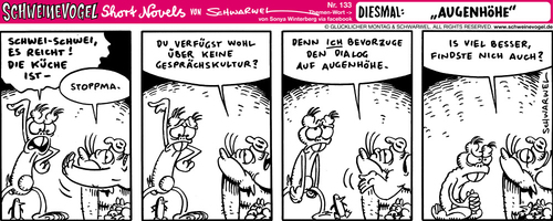 Cartoon: Schweinevogel Augenhöhe (medium) by Schweinevogel tagged gespräch,augenhöhe,pinkel,sid,funny,cartoon,doof,iron,schwarwel,schweinevogel
