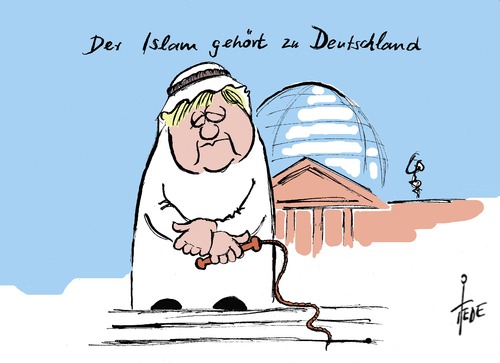 Cartoon: Der Islam (medium) by tiede tagged islam,scharia,merkel,wulff,peitsche,extremismus,islam,scharia,merkel,wulff,peitsche,extremismus