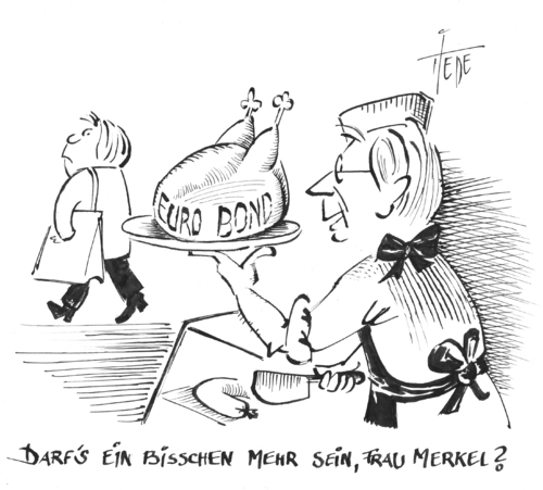 Cartoon: EU - Gipfel (medium) by tiede tagged euro,bonds,eu,gipfel,merkel,rettungsschirm,juncker,zukunft,euro,bonds,eu,gipfel,merkel,rettungsschirm,juncker