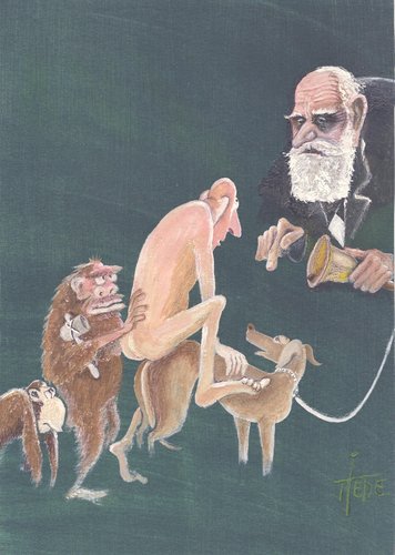 Cartoon: Evolution (medium) by tiede tagged conditioning,konditionierung,pavlovsdog,hund,dog,pavlov,darwin,evolution,tiedemann,tiede,darwin,hund,pavlov,konditionierung