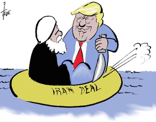 Cartoon: Iran - Deal (medium) by tiede tagged trump,rohani,iran,deal,atomabkommen,tiede,cartoon,karikatur,trump,rohani,iran,deal,atomabkommen,tiede,cartoon,karikatur