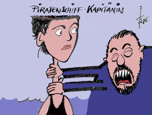 Cartoon: Rackete -Salvini (medium) by tiede tagged rackete,salvini,seenotrettung,lampedusa,gericht,tiedemann,cartoon,karikatur,rackete,salvini,seenotrettung,lampedusa,gericht,tiedemann,cartoon,karikatur