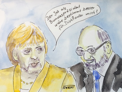 Cartoon: Job (medium) by Pralow tagged bundesversammlung,bundespräsidedent,merkel,schulz,bundeskanzlerin,kandidat,spd,cdu,bundesversammlung,bundespräsidedent,merkel,schulz,bundeskanzlerin,kandidat,spd