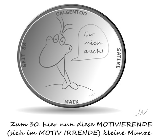 Cartoon: 30 Jahre (medium) by Jochen N tagged maik,münze,silber,geburtstag,jubiläum,comicfigur,30,galgenhumor,satire,galgentod,1988