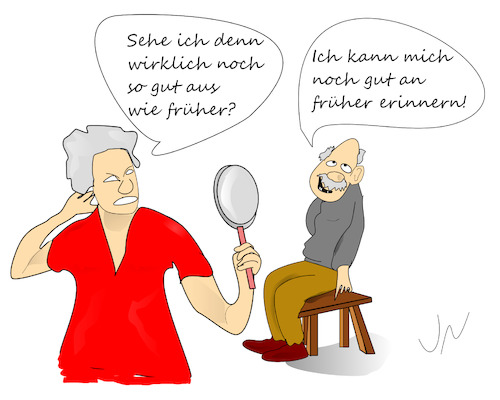 Cartoon: Ansichtssache (medium) by Jochen N tagged opa,oma,senior,senioren,rentner,alt,alter,frisur,spiegel,aussehen,früher,erinnerung,schemel,handspiegel,frage,ehe