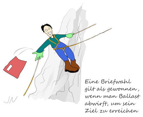 Cartoon: Bergsteiger (medium) by Jochen N tagged berg,klettern,hoch,gebirge,fels,steil,seil,brief,briefwahl,gewinn,ballast,ziel,wahl,wahlen,bundestagswahl,bundeskanzler,grüne,spd,cdu