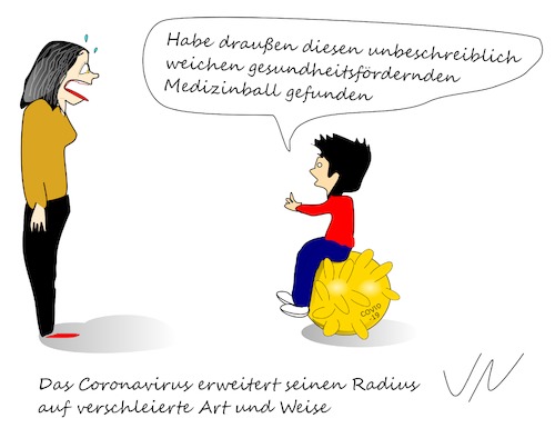 Cartoon: Coronavirus (medium) by Jochen N tagged corona,virus,hysterie,medizinball,gymnastikball,gesundheit,radius,krank,pandemie,covid19