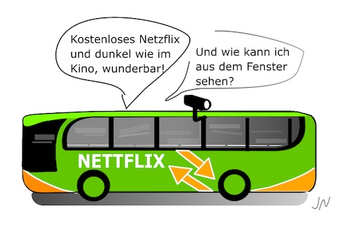 Cartoon: Flixbus (medium) by Jochen N tagged flixbus,netflix,bus,bahn,reisen,stream,tv,serie,film,fernsehen,kamera,videoüberwachung,überwachung