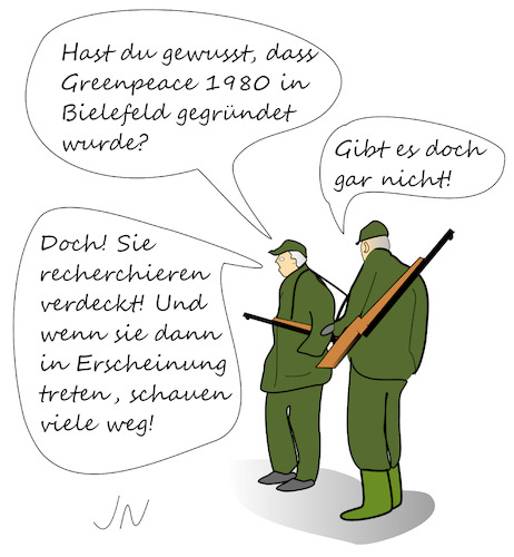 Cartoon: Greenpeace (medium) by Jochen N tagged bielefeld,verschwörung,1980,recherche,anonym,undercover,erscheinung,förster,gewehr,klimawandel,umweltschutz,aktivist