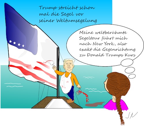 Cartoon: Greta vs Trump (medium) by Jochen N tagged greta,thunberg,klimawandel,fridays,for,future,klimakonferenz,usa,erderwärmung,trump,präsident,segelboot,segeln,segel,streichen,fahne,flagge,farbe,farbtopf,meer