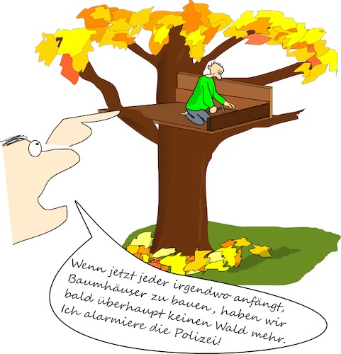 Cartoon: Hambacher Forst (medium) by Jochen N tagged hambacher,forst,rodung,abholzung,wald,rwe,kohle,braunkohle,baum,baumhaus,baumhäuser,bauen,polizei,alarmieren,laub,herbstlaub,blätter