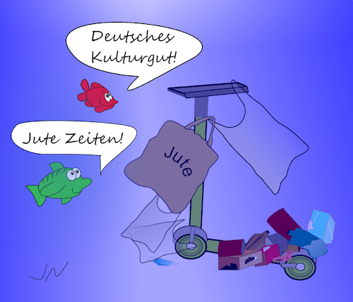 Cartoon: Kunstfreiheit (medium) by Jochen N tagged müll,abfall,umwelt,see,meer,fluss,fische,wasser,umweltverschmutzung,umweltzerstörung,umweltschutz,jute,plastik,kunststoff,plastiktüte,kulturgut,klima,treibhaus,co2