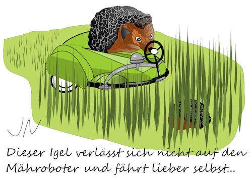 Cartoon: Schlauer Fuchs (medium) by Jochen N tagged igel,rasen,rasenmäher,autonom,mähroboter,aufsitzmäher,lenkrad,klingel,fahrradklingel,tier,tiere,naturschutz,artenschutz,garten,mähen,tod