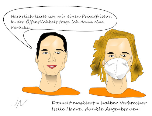 Cartoon: Schwarzarbeit (medium) by Jochen N tagged frisör,friseur,frisur,haare,privat,öffentlich,perücke,augenbrauen,maske,ffp2,verbrecher,illegal,schutz,versteck,homeoffice,corona,covid,19,pandemie,lockdown,virus,viren