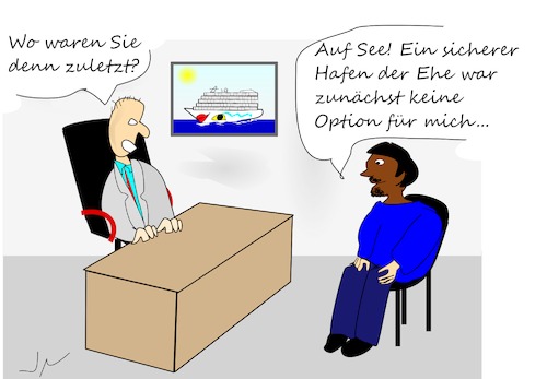 Cartoon: Vorstellungsgespräch (medium) by Jochen N tagged flüchtlinge,mittelmeer,italien,conte,asyl,seenot,hafen,schiff,ehe,see,meer,aida,migration