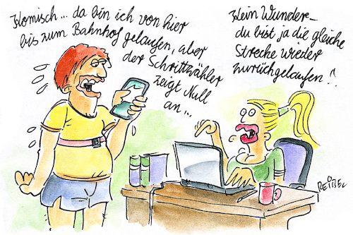 Cartoon: schritthalten (medium) by REIBEL tagged schrittzähler,smartphone,digital,natives,smart,generation,app,verständnis,logik,schrittzähler,smartphone,digital,natives,smart,generation,app,verständnis,logik