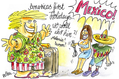 Cartoon: Trumpdays 2 (medium) by REIBEL tagged trump,donald,usa,präsident,mexico,mauer,grenze,urlaub,familie,trump,donald,usa,präsident,mexico,mauer,grenze,urlaub,familie