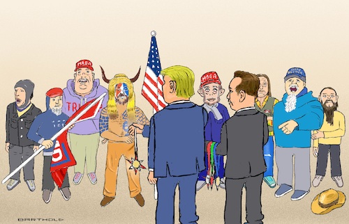 Cartoon: Act of Solidarity (medium) by Barthold tagged trump,enacts,amnesty,capitol,rioters,fictitious,honoring,confering,decoration,medals,servant,elon,musk,solidarity,of,criminals,cartoon,caricature,barthold,trump,enacts,amnesty,capitol,rioters,fictitious,honoring,confering,decoration,medals,servant,elon,musk,cartoon,caricature,barthold