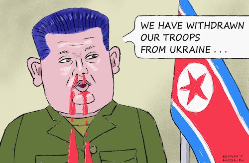 Cartoon: Anouncement (medium) by Barthold tagged ukraine,war,putin,russia,disappearance,vanishment,korea,troops,oblast,region,kursk,kim,jong,un,bloody,nose,cartoon,caricature,barthold,ukraine,war,putin,russia,disappearance,vanishment,korea,troops,oblast,region,kursk,kim,jong,un,bloody,nose,cartoon,caricature,barthold