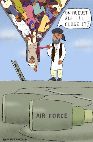 Cartoon: At the Lever of Power (medium) by Barthold tagged international,evacuation,mission,airport,kabul,deadline,august,31,taliban,taleban,speaker,suhail,shaheen,denial,refusal,postponement,funnel,people,shut,off,flap,transportation,aircraft,cartoon,caricature,barthold,international,evacuation,mission,airport,kabul,deadline,august,31,taliban,taleban,speaker,suhail,shaheen,denial,refusal,postponement,funnel,people,shut,off,flap,transportation,aircraft,cartoon,caricature,barthold