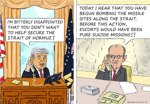 Cartoon: Beware of the Trap! (medium) by Barthold tagged trump,usa,iran,war,demand,nato,members,allies,help,safeguarding,ships,vessels,passage,strait,hormuz,patrol,escort,days,after,elimination,missile,sites,along,iranian,coast,deployment,bunker,buster,bombs,strange,chronology,fictitious,phone,call,friedrich,merz,cartoon,caricature,barthold,trump,usa,iran,war,demand,nato,members,allies,help,safeguarding,ships,vessels,passage,strait,hormuz,patrol,escort,days,after,elimination,missile,sites,along,iranian,coast,deployment,bunker,buster,bombs,strange,chronology,fictitious,phone,call,friedrich,merz,cartoon,caricature,barthold