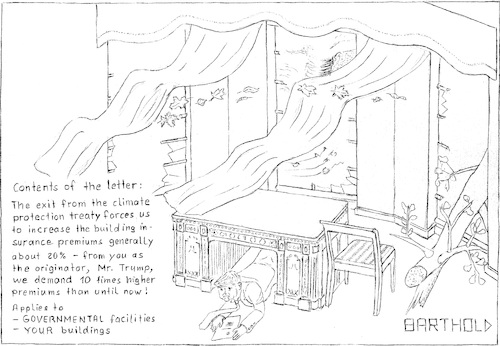 Cartoon: Buildng Insurances more expensiv (medium) by Barthold tagged trump,climate,protection,agreement,paris,insurancebusiness,insurance,business,naturalhazard,natural,hazard,ovaloffice,oval,office,whitehouse,white,house,tornado,premiums