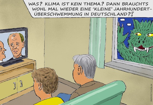 Cartoon: Climate Change not Amused! (medium) by Barthold tagged bundestagswahl,2025,fernsehduell,wahlkampf,olaf,scholz,friedrich,merz,klimawandel,kein,thema,unerwähnt,monster,verärgert,drohung,überschwemmung,deutschland,cartoon,karikatur,barthold,bundestagswahl,2025,fernsehduell,wahlkampf,olaf,scholz,friedrich,merz,klimawandel,kein,thema,unerwähnt,monster,verärgert,drohung,überschwemmung,deutschland,cartoon,karikatur,barthold