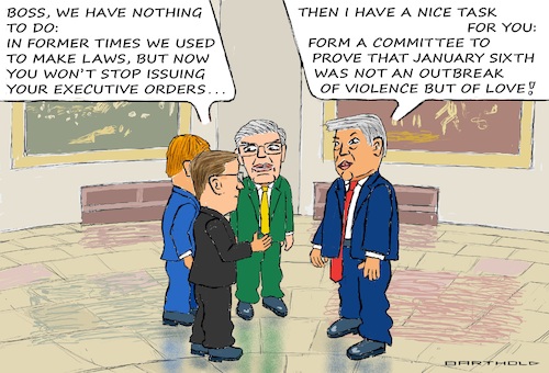 Cartoon: Committed to Lie (medium) by Barthold tagged new,investigation,committee,house,of,representatives,capitol,riot,january,2021,suppression,truth,propagate,alternative,fake,fakts,rewrite,history,rotunda,persons,mike,johnson,speaker,barry,loudermilk,designated,chairman,cartoon,caricature,barthold,new,investigation,committee,house,of,representatives,capitol,riot,january,2021,suppression,truth,propagate,alternative,fake,fakts,rewrite,history,rotunda,persons,mike,johnson,speaker,barry,loudermilk,designated,chairman,cartoon,caricature,barthold