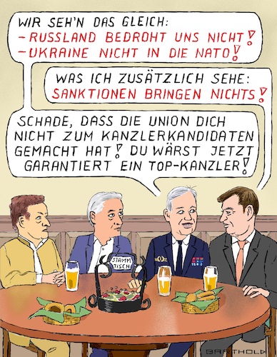 Cartoon: Der Schwadroneure sind viele! (medium) by Barthold tagged stammtisch,kay,achim,schönbach,admiral,bundesmarine,markus,söder,ministerpräsident,bayern,ukraine,russland,truppenaufmarsch,unbedenklich,sanktionen,sanktionsdrohungen,nutzlos,schädlich,respekt,wladimir,putin,ablehnung,natomitgliedschaft,unterminierung,offizielle,politik,infragestellung,bündnistreue,verunsicherung,bündnispartner,cartoon,karikatur,barthold,stammtisch,kay,achim,schönbach,admiral,bundesmarine,markus,söder,ministerpräsident,bayern,ukraine,russland,truppenaufmarsch,unbedenklich,sanktionen,sanktionsdrohungen,nutzlos,schädlich,respekt,wladimir,putin,ablehnung,natomitgliedschaft,unterminierung,offizielle,politik,infragestellung,bündnistreue,verunsicherung,bündnispartner,cartoon,karikatur,barthold