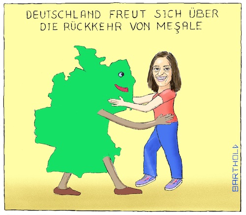 Cartoon: Deutschl. freut sich auf Mesale (medium) by Barthold tagged mesale,tolu,türkei,nachrichtenagentur,übersetzerin,untersuchungshaft,terrorverdacht,ausreiseverbot,ausreiseerlaubnis,bakirköy,gefängnis,rechtsmissbrauch,willkür,diktatur,erdogan