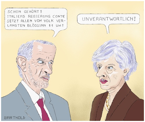 Cartoon: Dialog  May Corbyn (medium) by Barthold tagged brexit,großbritannien,theresa,may,jeremy,corbyn,italien,matteo,salvini,luigi,di,maio,giuseppe,conte,populismus,volkswille