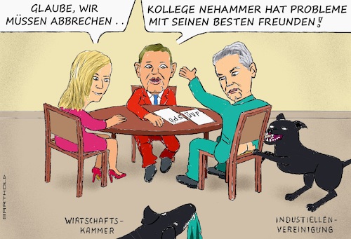 Cartoon: Ende Koalit.-Verh. Österreich (medium) by Barthold tagged österreich,ende,koalitionsverhandlungen,övp,spö,neos,karl,nehammer,andreas,babler,beate,meinl,reisinger,störung,hunde,zerfetzte,hose,wirtschaftskammer,harald,mahrer,industriellenvereinigung,georg,knill,cartoon,karikatur,barthold,österreich,ende,koalitionsverhandlungen,övp,spö,neos,karl,nehammer,andreas,babler,beate,meinl,reisinger,störung,hunde,zerfetzte,hose,wirtschaftskammer,harald,mahrer,industriellenvereinigung,georg,knill,cartoon,karikatur,barthold