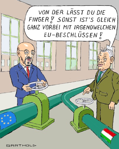 Cartoon: Erpressung? Ich doch nicht! (medium) by Barthold tagged eu,europäische,union,beschluss,ölembargo,mai,2022,blockade,ungarn,forderung,sonderkonditionen,kompromiss,beschränkung,schiffstransporte,bezug,pipelineöl,charles,michel,ratspräsident,viktor,orban,ölpipelines,absperrventile,cartoon,karikatur,barthold,eu,europäische,union,beschluss,ölembargo,mai,2022,blockade,ungarn,forderung,sonderkonditionen,kompromiss,beschränkung,schiffstransporte,bezug,pipelineöl,charles,michel,ratspräsident,viktor,orban,ölpipelines,absperrventile,cartoon,karikatur,barthold