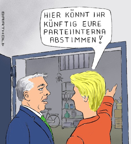 Cartoon: Fidesz nicht mehr in der EVP (medium) by Barthold tagged viktor,orban,ungarn,fidesz,rechtspopulistische,partei,verlassen,austritt,evp,europa,parlament,ursula,leyen,kommissionspräsidentin,kellerraum,parlamentsgebäude,cartoon,karikatur,barthold,viktor,orban,ungarn,fidesz,rechtspopulistische,partei,verlassen,austritt,evp,europa,parlament,ursula,leyen,kommissionspräsidentin,kellerraum,parlamentsgebäude,cartoon,karikatur,barthold