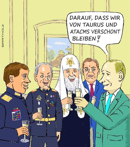 Cartoon: Freude n. Ramstein Sept. 2023 (medium) by Barthold tagged ukraine,ukrainekrieg,unterstützertreffen,ramstein,september,2023,kein,beschluss,lieferung,taurus,atacms,erleichterung,moskau,kreml,waleri,gerassimow,sergej,schoigu,kyrill,dmitri,medwedew,wladimir,putin,anstoßen,champagner,toast,cartoon,karikatur,barthold,ukraine,ukrainekrieg,unterstützertreffen,ramstein,september,2023,kein,beschluss,lieferung,taurus,atacms,erleichterung,moskau,kreml,waleri,gerassimow,sergej,schoigu,kyrill,dmitri,medwedew,wladimir,putin,anstoßen,champagner,toast,cartoon,karikatur,barthold