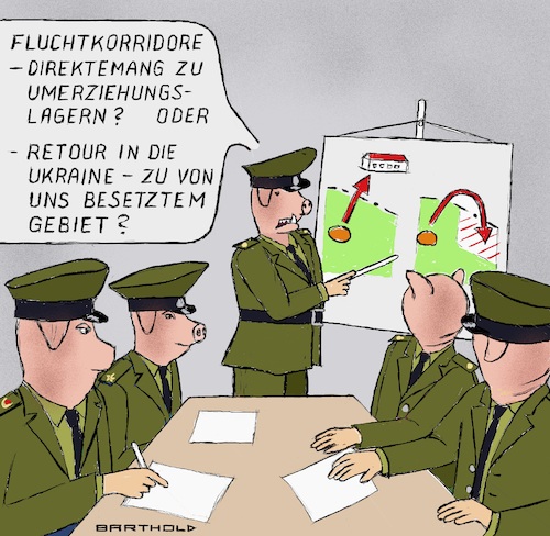 Cartoon: Fürsorgliche Generäle (medium) by Barthold tagged ukraine,wladimir,putin,russischer,angriffskrieg,eroberungskrieg,belagerte,zerbombte,städte,angebot,fluchtkorridore,zivilbevölkerung,zielpunkt,belarus,russland,inakzeptabel,besprechung,generalstab,vermenschlichte,schweine,cartoon,karikatur,barthold,ukraine,wladimir,putin,russischer,angriffskrieg,eroberungskrieg,belagerte,zerbombte,städte,angebot,fluchtkorridore,zivilbevölkerung,zielpunkt,belarus,russland,inakzeptabel,besprechung,generalstab,vermenschlichte,schweine,cartoon,karikatur,barthold