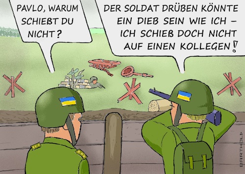 Cartoon: Ganovenehre (medium) by Barthold tagged ukraine,ukrainekrieg,rekrutierung,einberufung,auch,häftlinge,gespräch,offizier,rekrut,schießhemmung,kollege,ganovenehre,schützengraben,front,cartoon,karikatur,barthold,ukraine,ukrainekrieg,rekrutierung,auch,häftlinge,gespräch,offizier,rekrut,schießhemmung,kollege,ganovenehre,schützengraben,front,cartoon,karikatur,barthold