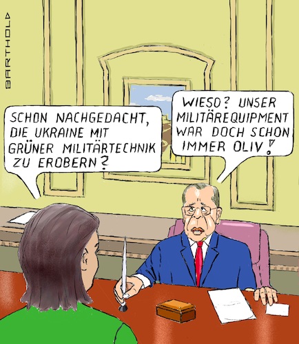 Cartoon: Grüne Kriegsführung (medium) by Barthold tagged annalena,baerbock,außenministerin,deutschland,sergej,lawrow,außenminister,russland,treffen,januar,2022,empfehlung,einsatz,grüne,ökologische,militärtechnik,grünes,denken,mißverständnis,doppelsinn,cartoon,karikatur,barthold,annalena,baerbock,außenministerin,deutschland,sergej,lawrow,außenminister,russland,treffen,januar,2022,empfehlung,einsatz,grüne,ökologische,militärtechnik,mißverständnis,doppelsinn,cartoon,karikatur,barthold