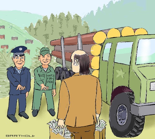 Cartoon: Holzraub aus Schutzgebieten (medium) by Barthold tagged karpaten,waldschutzgebiete,nationalpark,naturerbe,ukraine,rumänien,bestechung,forstbehörden,polizei,justiz,fälschung,zertifikate,bedrohung,klimaschutzmaßnahmen,polizist,forstangestellter,forstbeamter,holzräuber,lastwagen,cartoon,karikatur,barthold,karpaten,waldschutzgebiete,ukraine,rumänien,bestechung,forstbehörden,polizei,justiz,fälschung,zertifikate,bedrohung,klimaschutzmaßnahmen,polizist,forstangestellter,forstbeamter,holzräuber,lastwagen,cartoon,karikatur,barthold