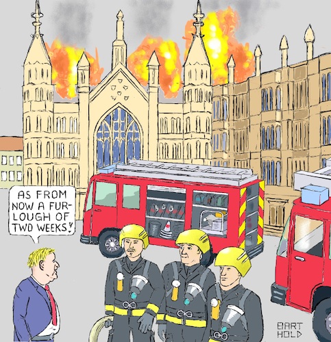 Cartoon: Johnson Chief of Fire Brigades (medium) by Barthold tagged boris,johnson,prorogation,parliament,parliamentary,work,coup,exclusion,wesminster,hall,firefighter,fire,truck,engine,brexit,furlough