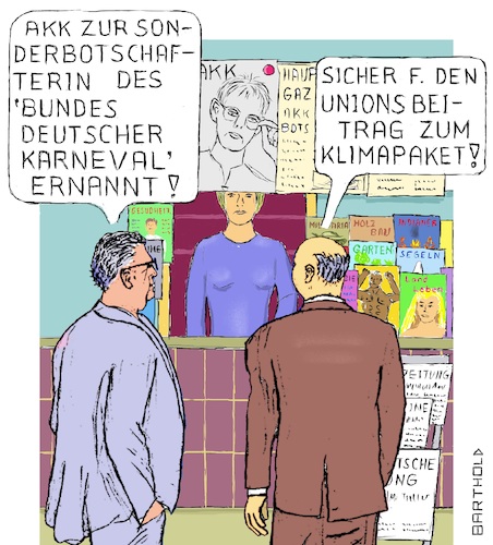 Cartoon: Karnevalspreis für Klimapaket (medium) by Barthold tagged annegret,kramp,karrenbauer,parteivorsitzende,cdu,sonderbotschafterin,bund,deutscher,karneval,klimapaket,groko,20,september,2019,zeitungskiosk,kunden,gespräch,unterhaltung