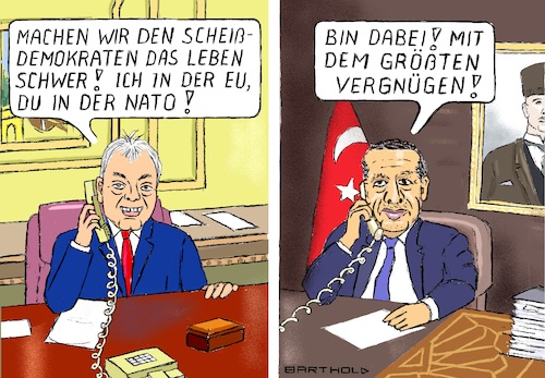 Cartoon: Konspiration (medium) by Barthold tagged recep,tayyip,erdogan,türkei,autokrat,gegner,natobeitritt,finnland,schweden,viktor,orban,ungarn,illiberaler,demokrat,boykott,antirussische,sanktionen,telefonat,verschwörung,nordeuropa,eu,cartoon,karikatur,barthold,recep,tayyip,erdogan,türkei,autokrat,gegner,natobeitritt,finnland,schweden,viktor,orban,ungarn,illiberaler,demokrat,boykott,antirussische,sanktionen,telefonat,verschwörung,nordeuropa,eu,cartoon,karikatur,barthold