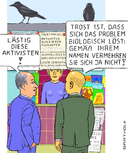 Cartoon: Letzte Generation (medium) by Barthold tagged klimaaktivisten,aktivisten,letzte,generation,beim,wort,nehmen,ablehnung,fortpflanzung,zeitungskiosk,kunden,unterhaltung,dialog,blockade,flughafen,ber,berlin,sabotage,konzert,konzertvorführung,elbphilharmonie,hamburg,cartoon,karikatur,barthold,klimaaktivisten,aktivisten,letzte,generation,beim,wort,nehmen,ablehnung,fortpflanzung,zeitungskiosk,kunden,unterhaltung,dialog,blockade,flughafen,ber,berlin,sabotage,konzert,konzertvorführung,elbphilharmonie,hamburg,cartoon,karikatur,barthold