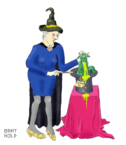 Cartoon: May proudly presents Plan B (medium) by Barthold tagged theresa,may,implementation,brexit,presentation,plan,january,21,2019,house,commons,magician,top,hat,monster,emesis,vomiting,parliament,agreement,assent