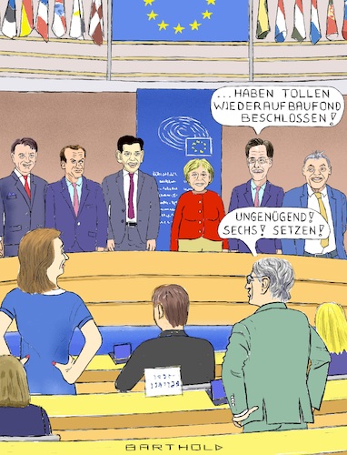 Cartoon: Parlament contra Staatschefs (medium) by Barthold tagged eu,gipfeltreffen,18,20,juli,2020,corona,wiederaufbaufond,hilfsfond,haushalt,sieben,jahre,mängel,klimaschutz,digitalisierung,flüchtlinge,forderung,rechtsstaatlichkeit,sanktionierung,guiseppe,conte,emmanuel,macron,sebastian,kurz,angela,merkel,mark,rutte,viktor,orban,katarina,barley,vizepräsidentin,david,sassoli,parlamentspräsident,plenum,parlament,karikatur,barthold,eu,gipfeltreffen,18,20,juli,2020,corona,wiederaufbaufond,hilfsfond,haushalt,sieben,jahre,mängel,klimaschutz,digitalisierung,flüchtlinge,forderung,rechtsstaatlichkeit,sanktionierung,guiseppe,conte,emmanuel,macron,sebastian,kurz,angela,merkel,mark,rutte,viktor,orban,katarina,barley,vizepräsidentin,david,sassoli,parlamentspräsident,plenum,parlament,karikatur,barthold