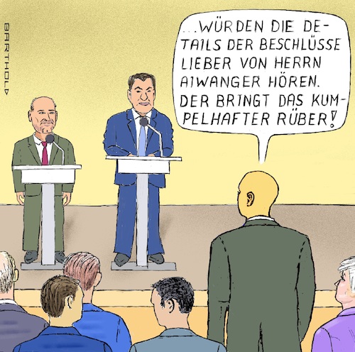 Cartoon: Presseinfo MP-Treffen J. 2021 (medium) by Barthold tagged treffen,ministerpräsidenten,januar,2021,verlängerung,zweiter,lockdown,vierzehnter,februar,presseinformation,markus,söder,hubert,aiwanger,kumpeltisch,regeln,unfreiwilliges,kabarett,cartoon,karikatur,barthold,treffen,ministerpräsidenten,januar,2021,verlängerung,zweiter,lockdown,vierzehnter,februar,presseinformation,markus,söder,hubert,aiwanger,kumpeltisch,regeln,unfreiwilliges,kabarett,cartoon,karikatur,barthold